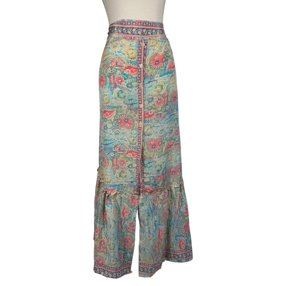 Vintage Paisley Maxi Skirt Womens Free Size Blue Pink Button Front Boho Slit - Picture 8 of 9